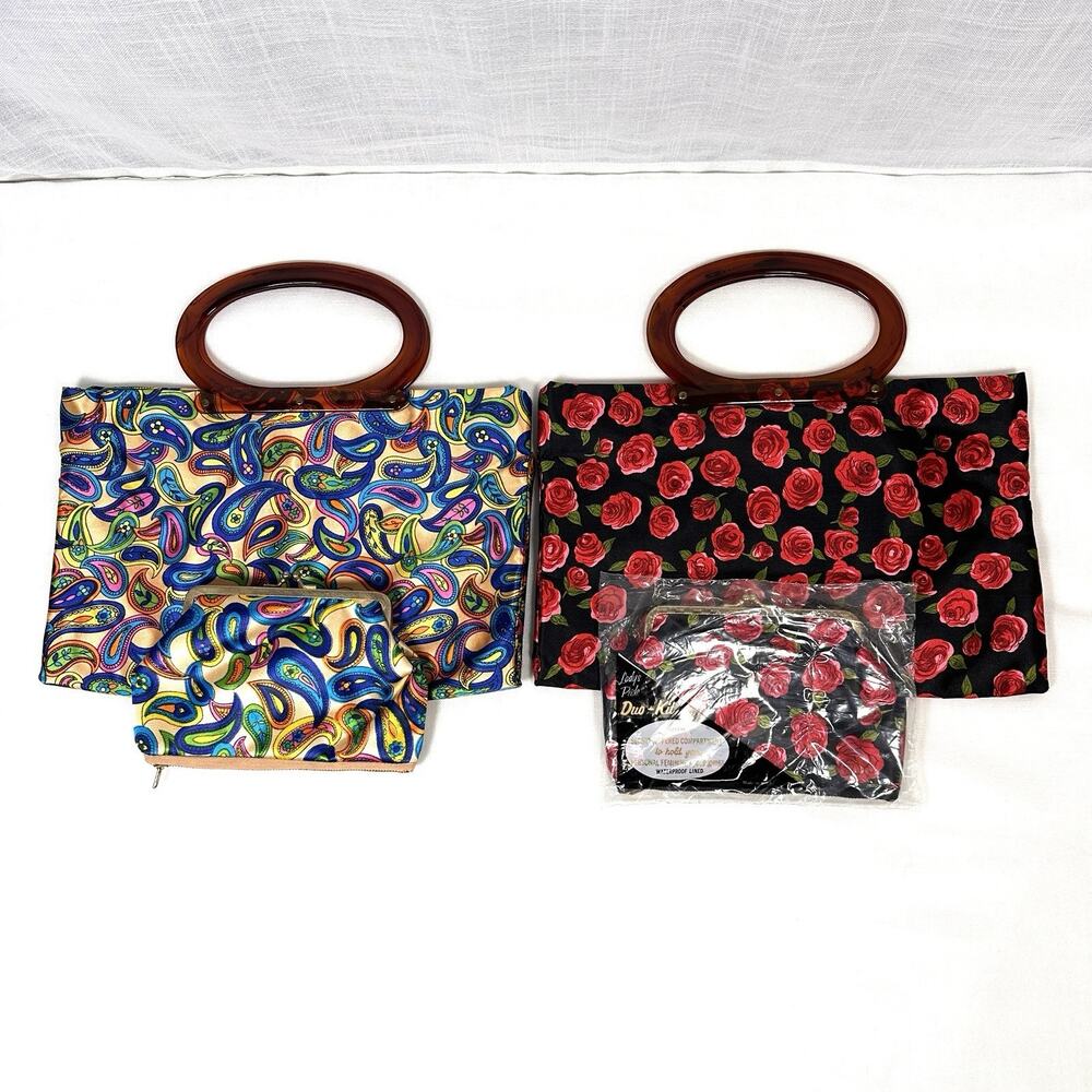 Vtg Set Of 2 Lady’s Pride Fold Up Floral Tote Bags Lucite Handles W/ Duo Kit